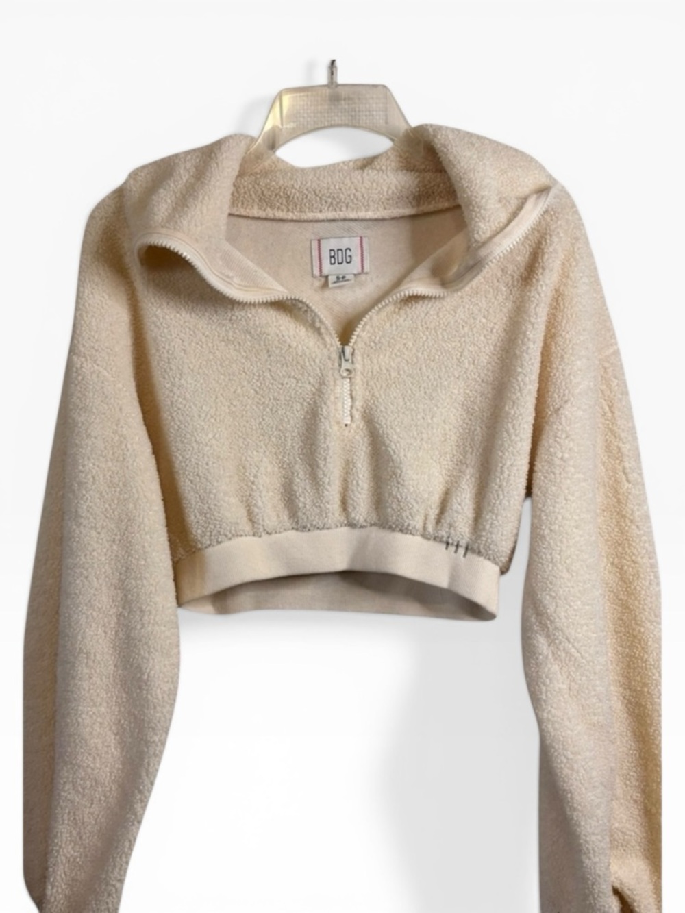 BDG Cream Teddy Bear Fleece Pullover Cropped Long Sleeve Zip neck Sweater Sz SP